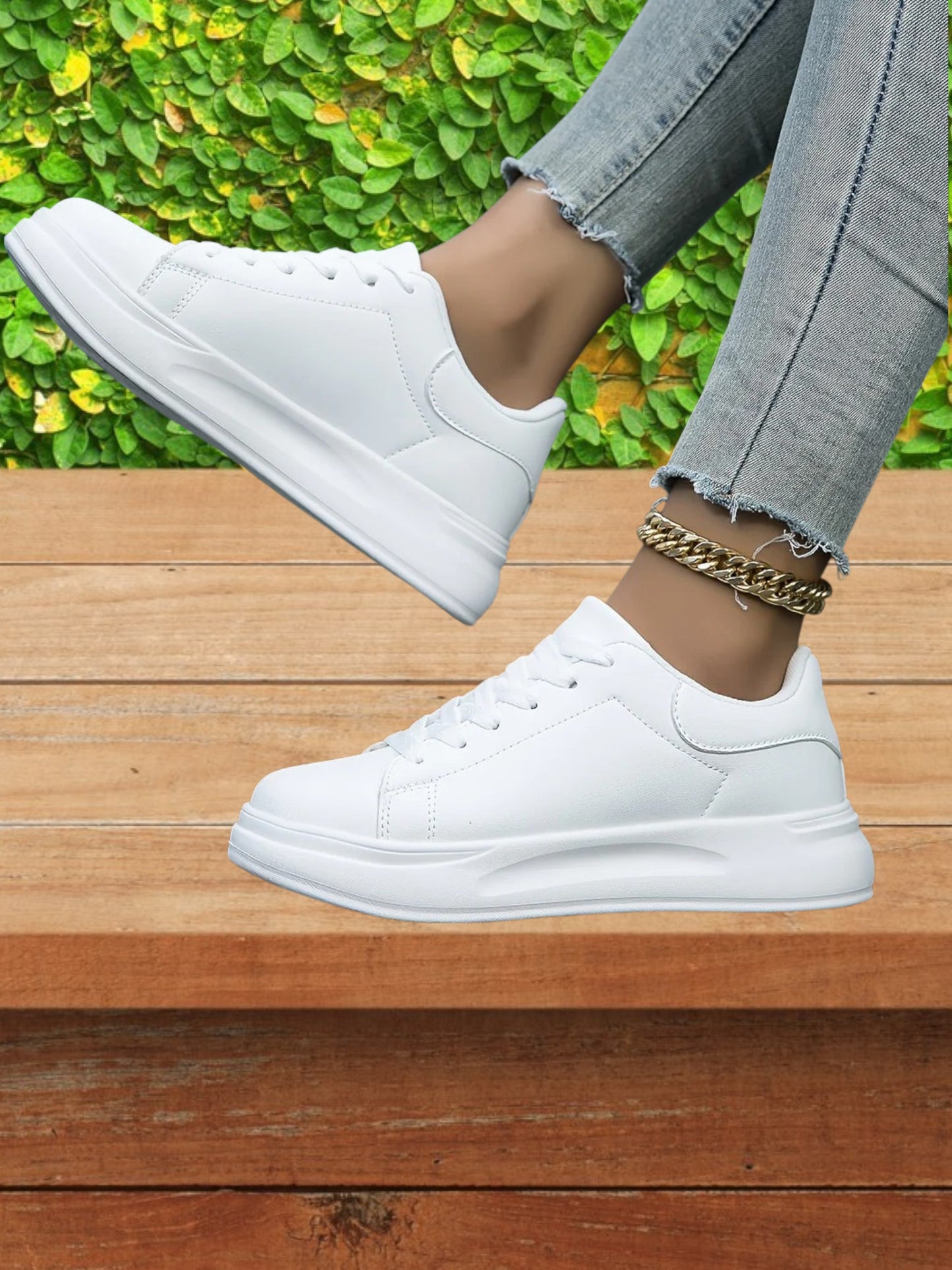 Low-Top Lace-Up Sneakers with Stylish Leather Design and Thick Sole | white 2