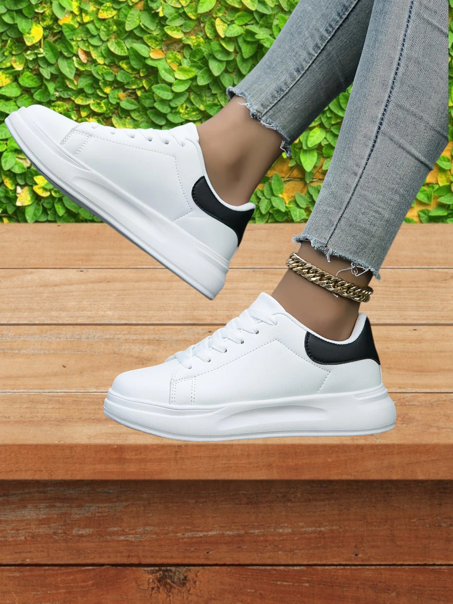 Low-Top Lace-Up Sneakers with Stylish Leather Design and Thick Sole | white/Black 2