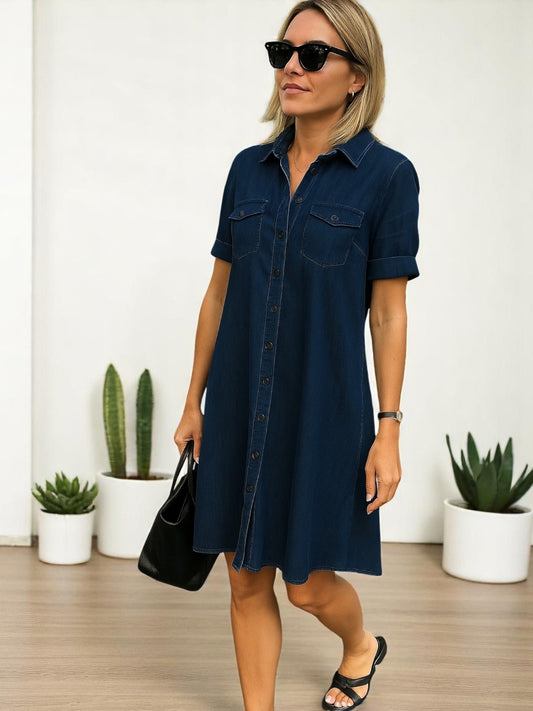 Maisie | Women's A-Line Summer Dress with Pockets and Reversible Collar in Plus Size | Navy Blue