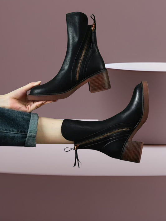 Margaret | Elegant Leather Ankle Boots for Women with Brown Heel and Gold Zipper | Black