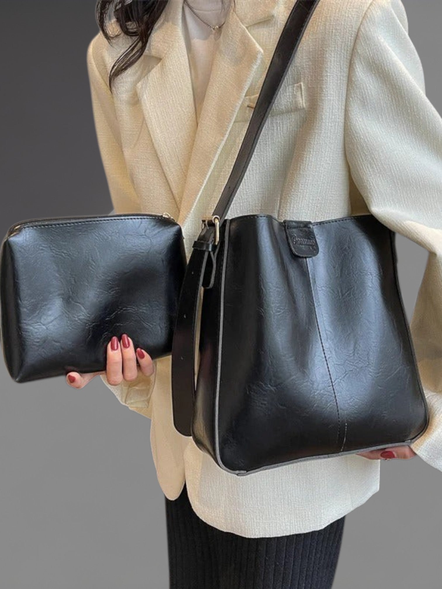 Mari | Elegant Retro Tote Bag Set in Soft Vegan Leather with Clutch | Black 2