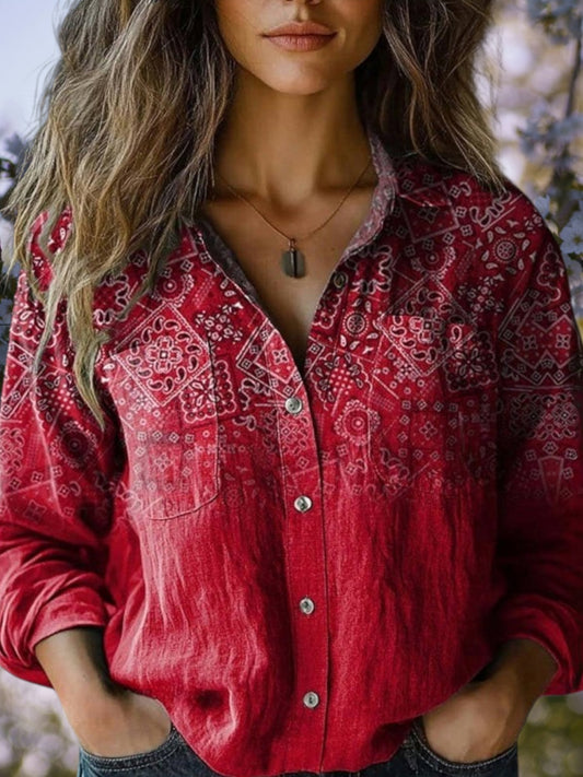 Marie | Vintage Printed Blouse for Women with Loose Fit and Long Sleeves | Red