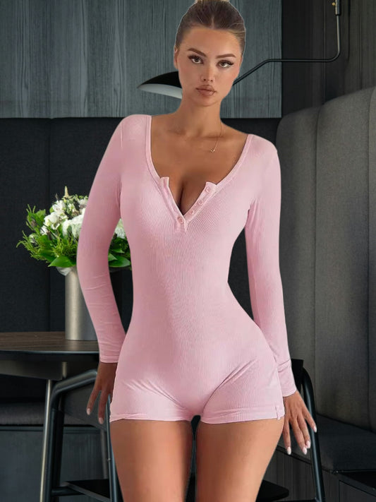 Marisse | Elegant Long Sleeve Bodysuit with Button Closure and Round Neckline | Pink
