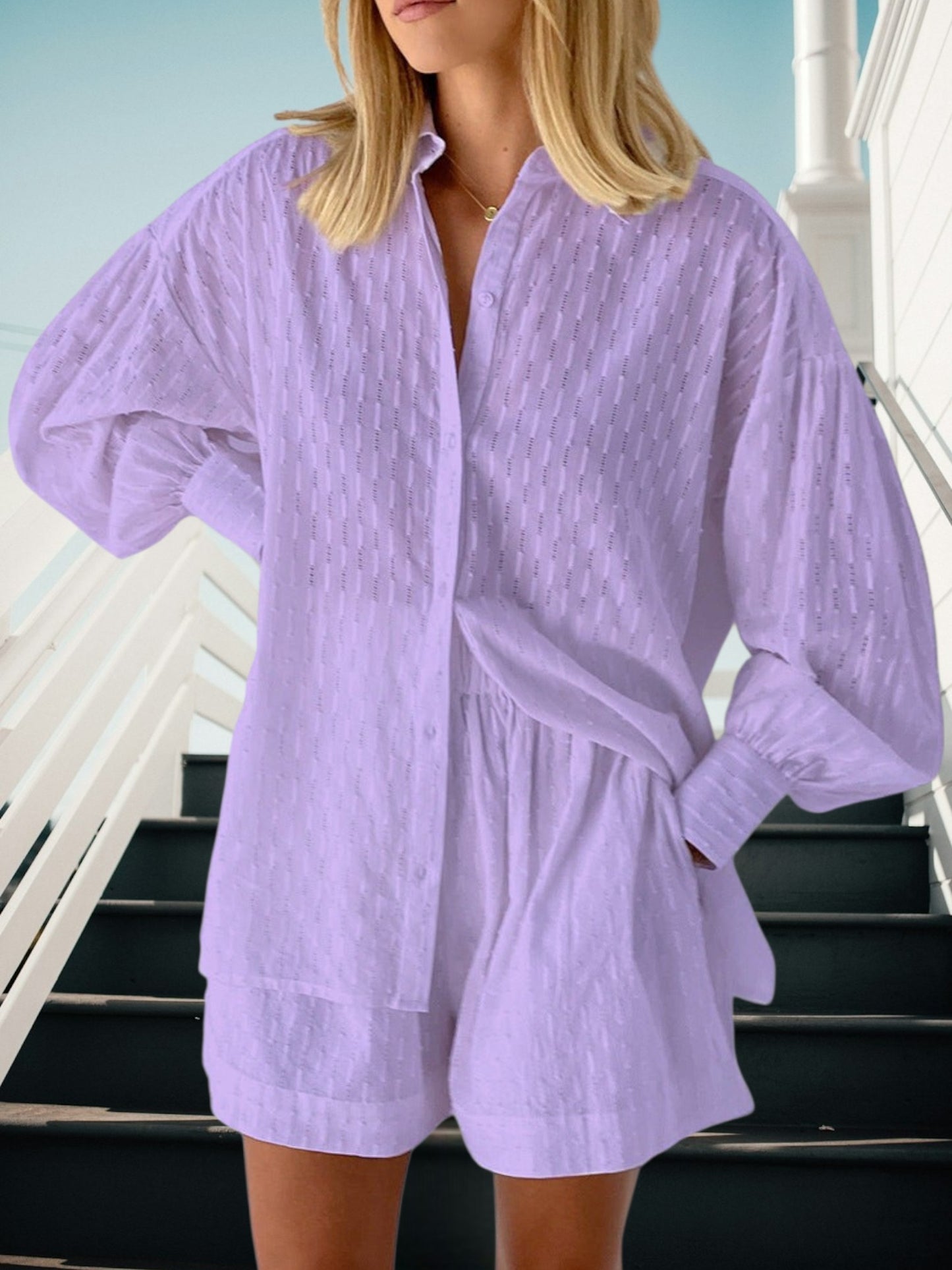 Maude | Chic Cotton Shirt and Shorts Set for Effortless Summer Style | Purple