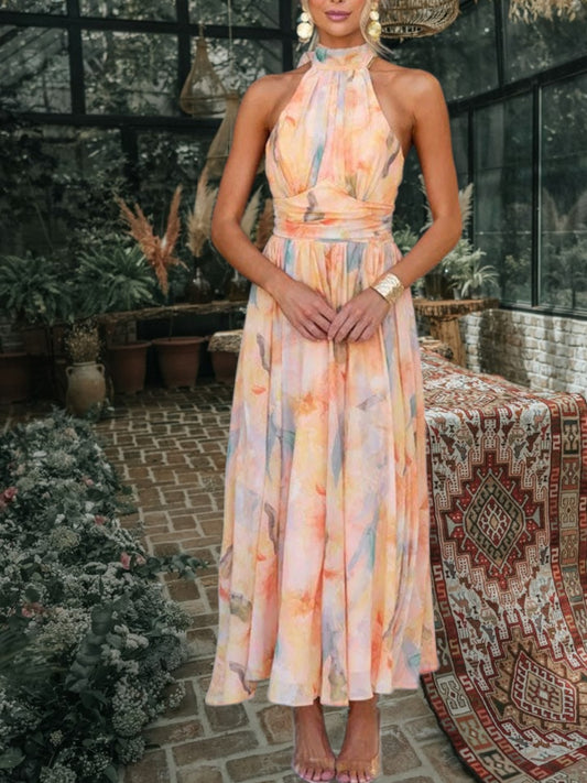 Maxi Summer Dress with Halter Neckline, Backless Design | Orange