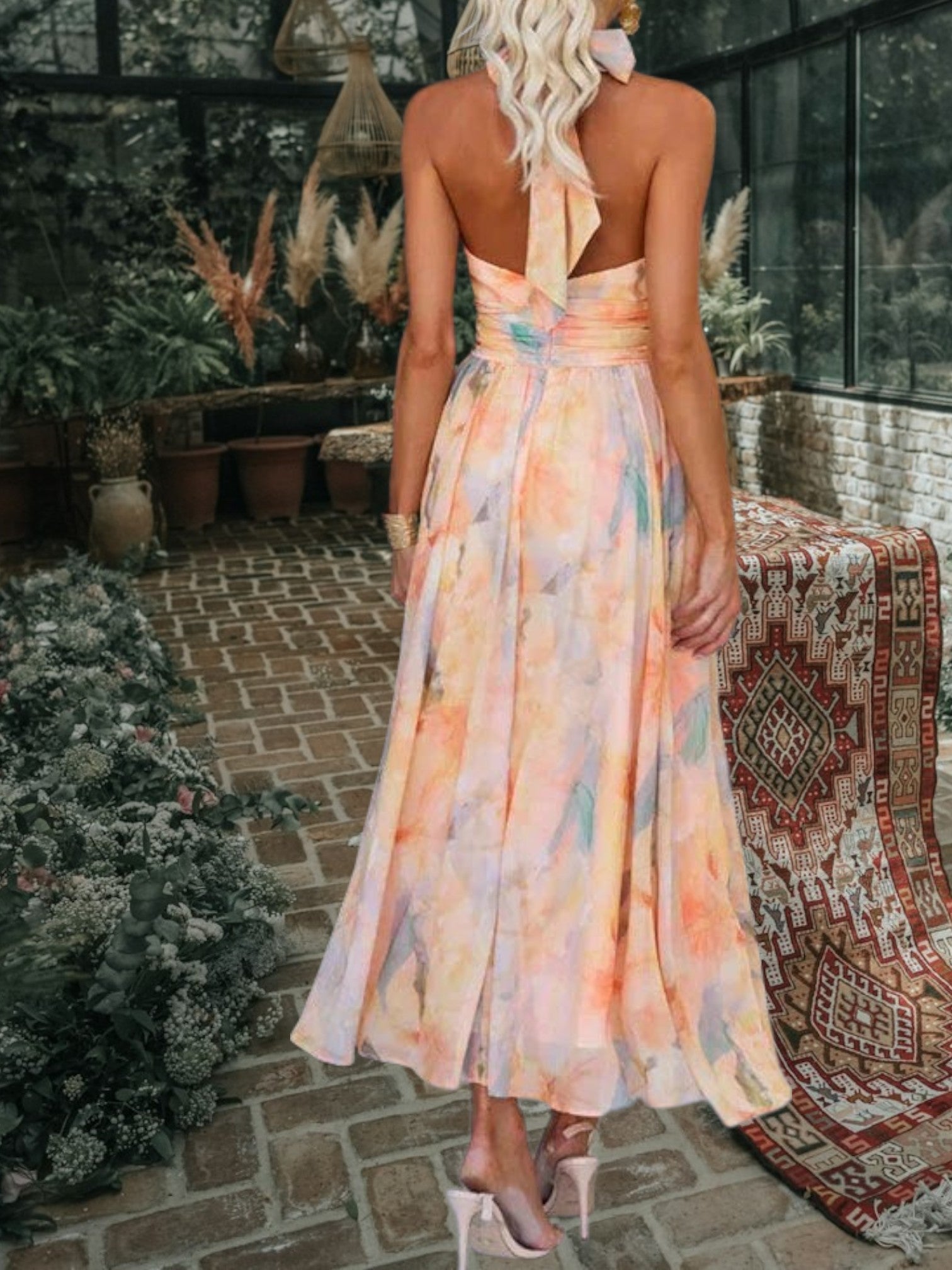 Maxi Summer Dress with Halter Neckline, Backless Design | Orange 2