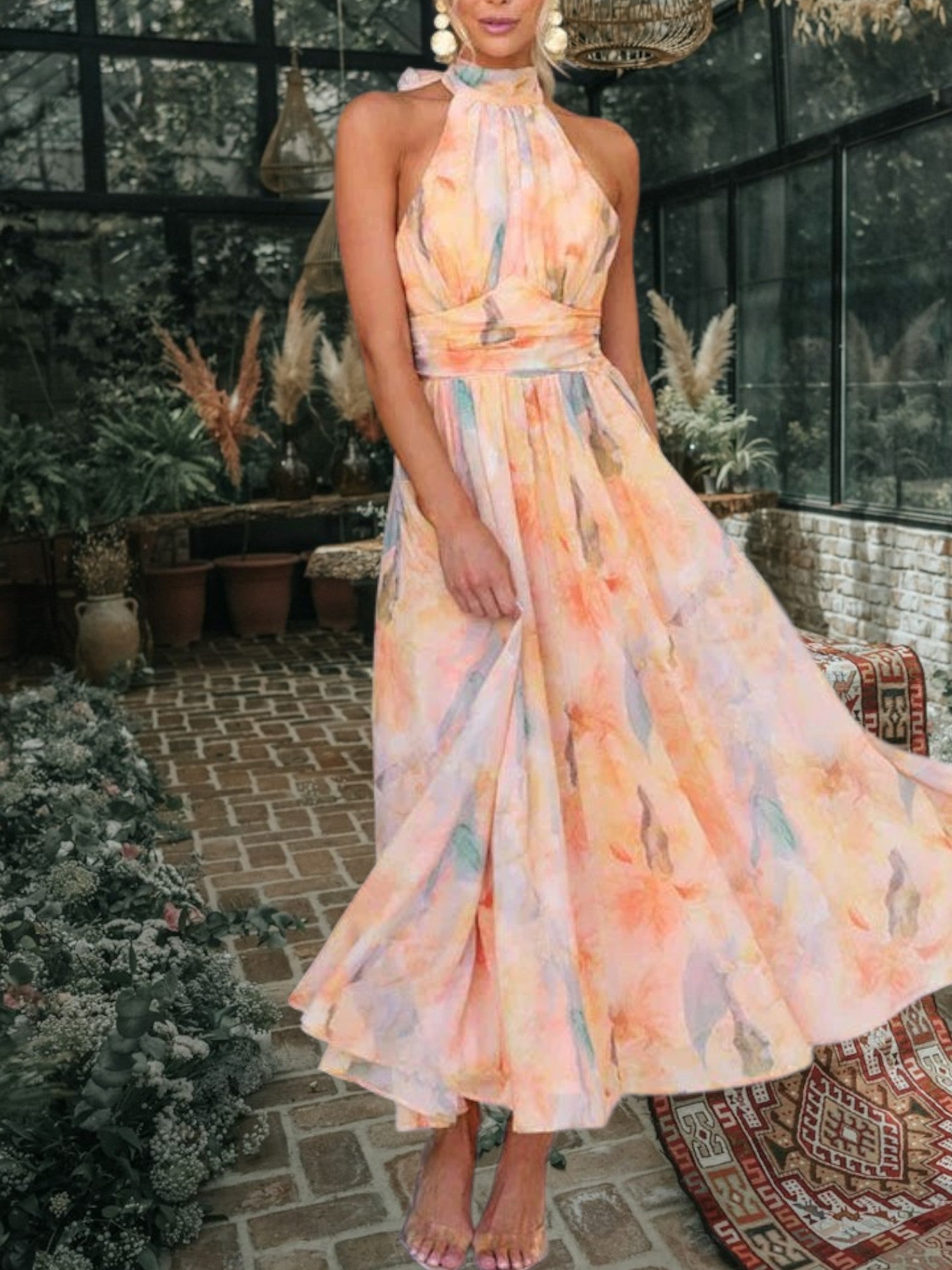 Maxi Summer Dress with Halter Neckline, Backless Design | Orange 3