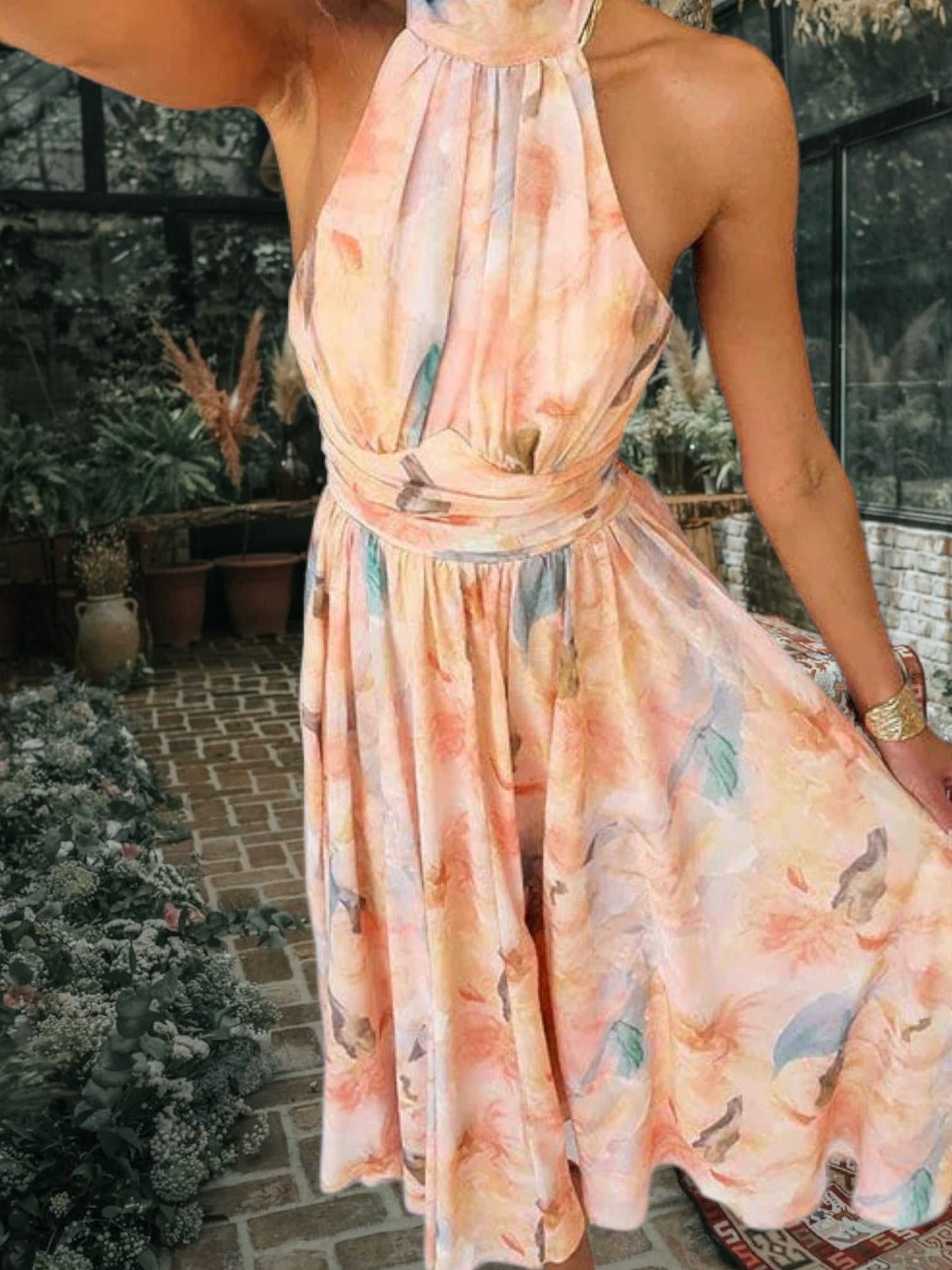 Maxi Summer Dress with Halter Neckline, Backless Design | Orange 4