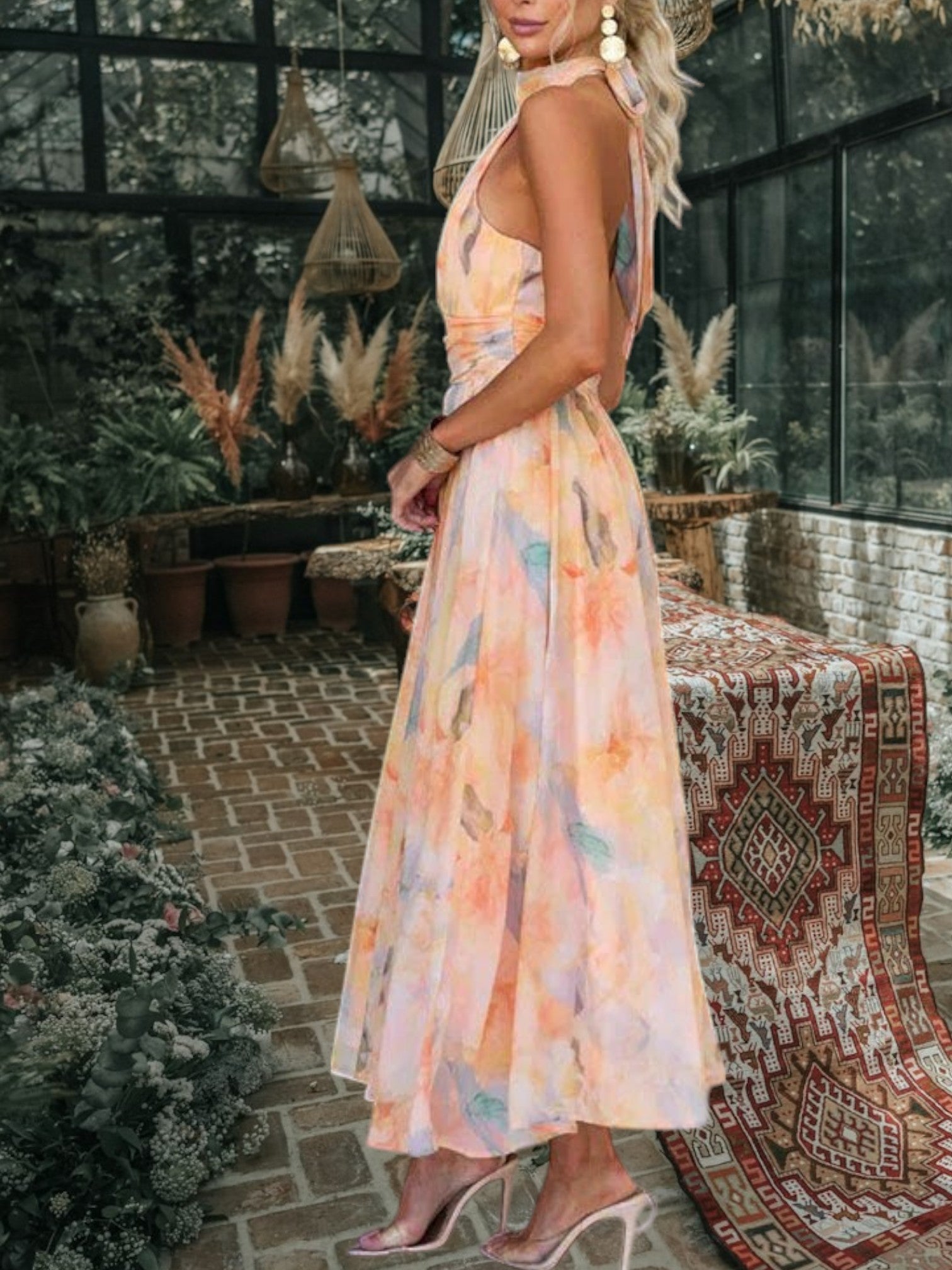 Maxi Summer Dress with Halter Neckline, Backless Design | Orange 5