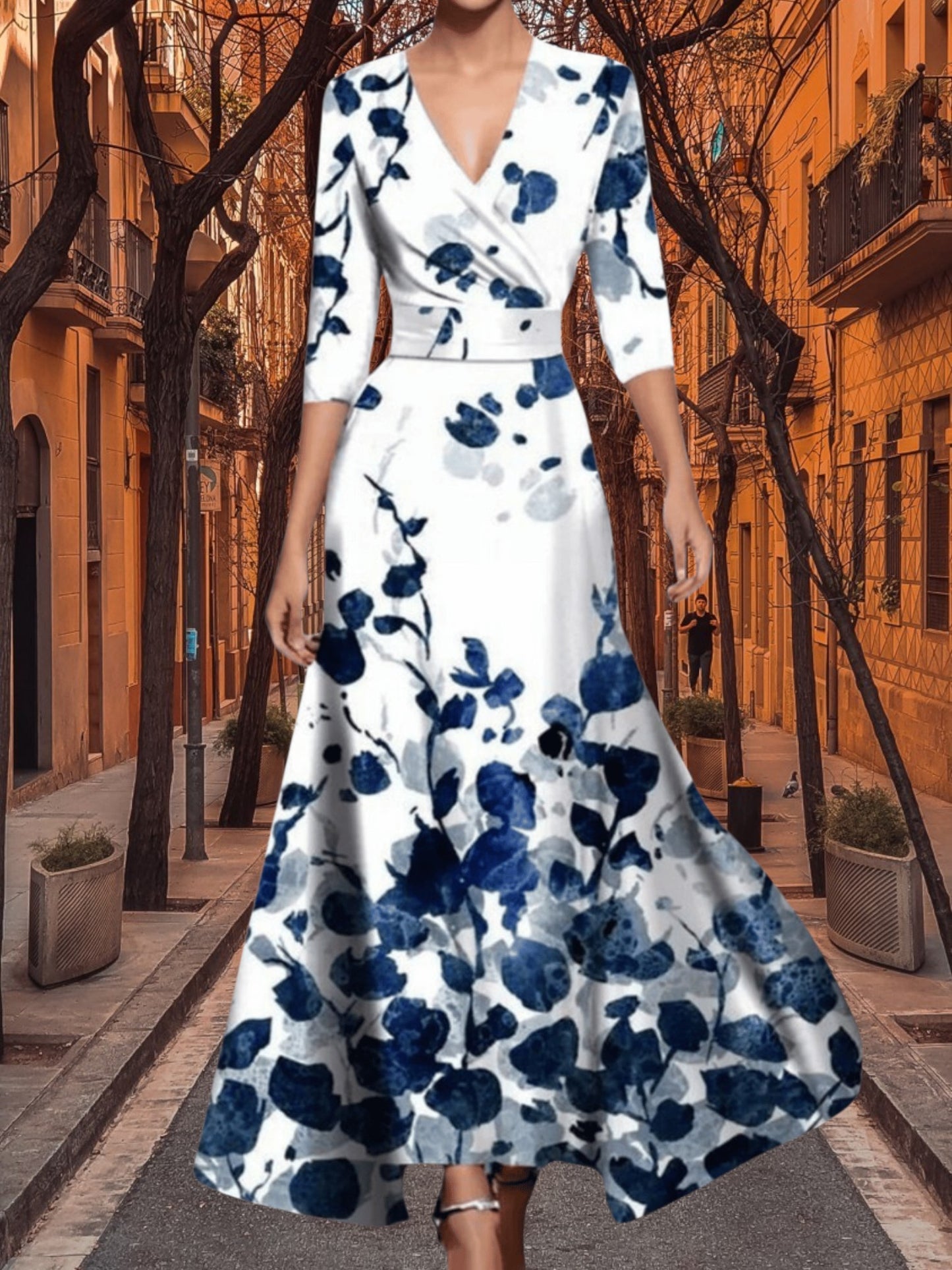 Melisande | Elegant Floral Evening Dress for Women with V-Cut and Three-Quarter Sleeves | Blue