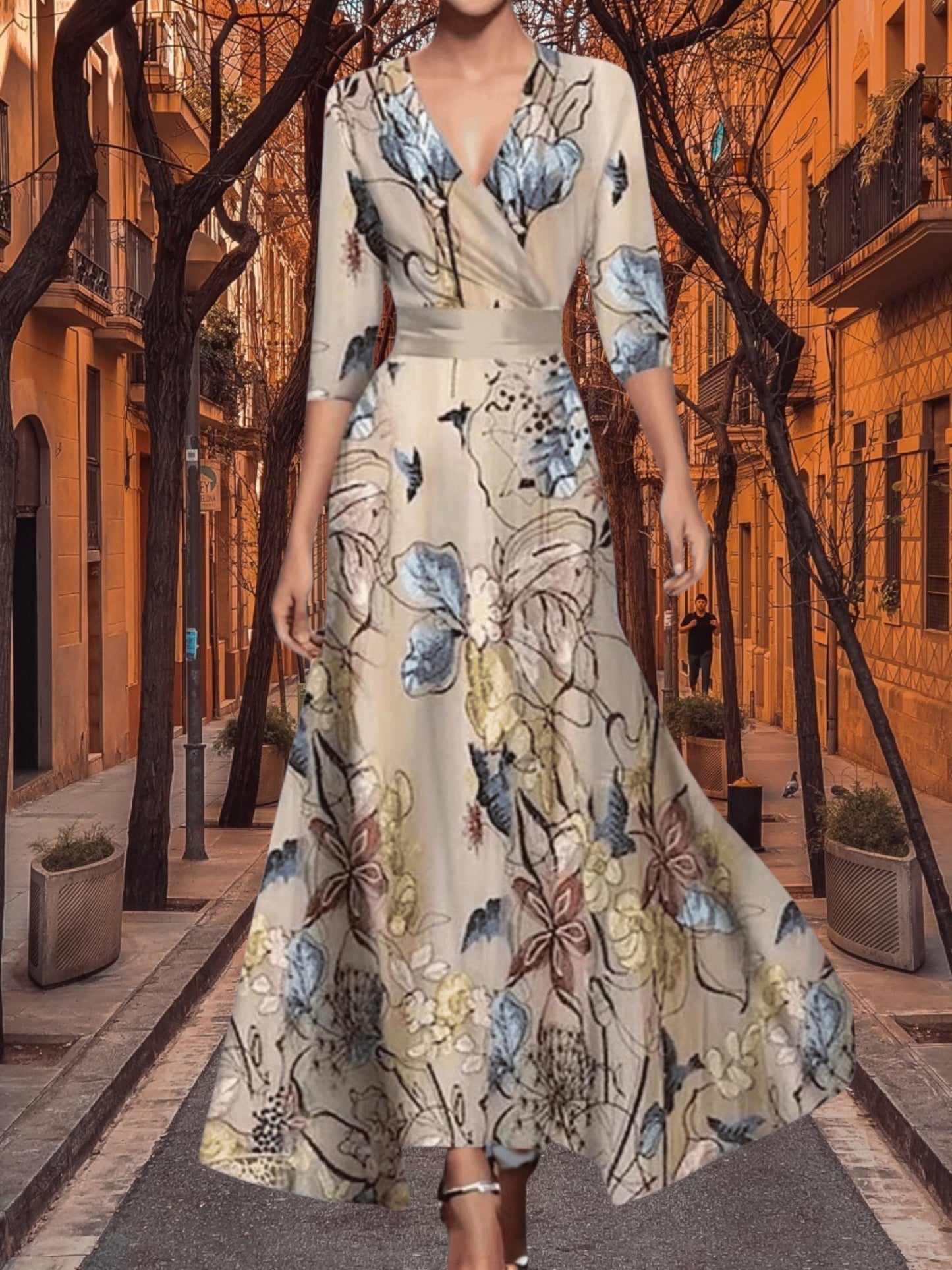 Melisande | Elegant Floral Evening Dress for Women with V-Cut and Three-Quarter Sleeves | Gray