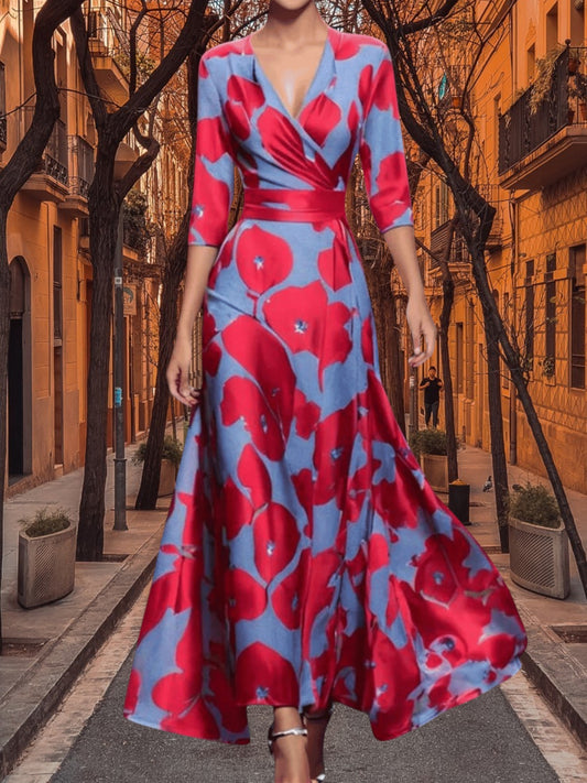 Melisande | Elegant Floral Evening Dress for Women with V-Cut and Three-Quarter Sleeves | Red