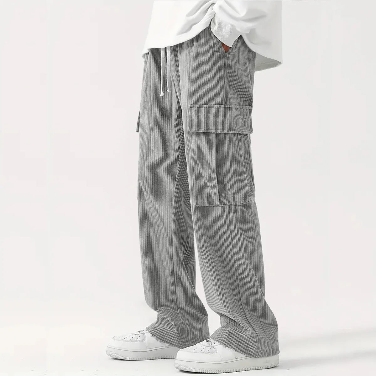 Corduroy Pants for Men | Loose Fit, Flexible Waist | Full Length | Gray