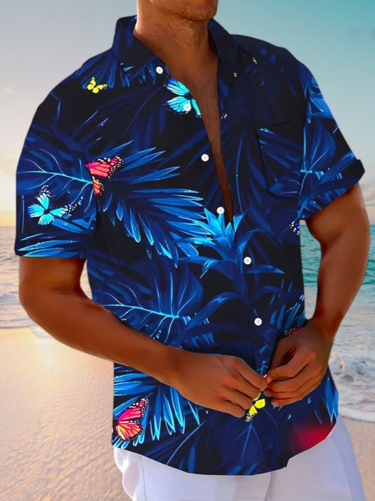 Men's Hawaiian Short Sleeve Shirt with Butterfly Floral Print | Blue