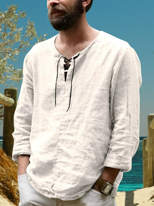 Men's Linen Shirt with Lace-Up V-Neck and Long Sleeves | Beige
