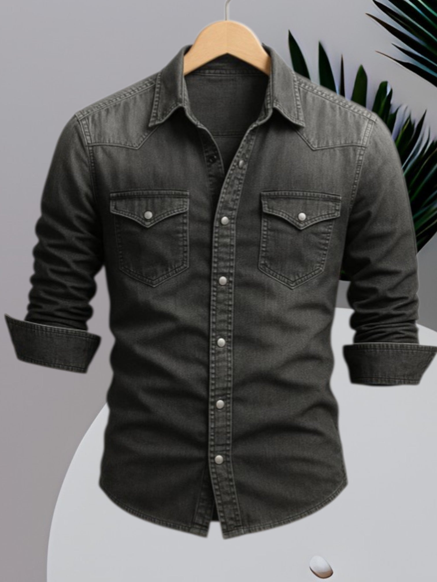 Men's Long Sleeve Denim Shirt with Button Closure and Durable Fabric | Black 2