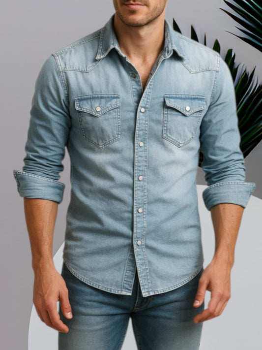 Men's Long Sleeve Denim Shirt with Button Closure and Durable Fabric | Light Blue