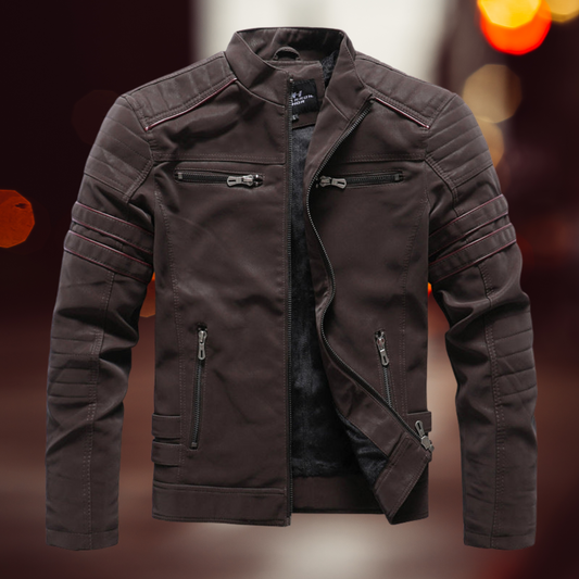 Men's Premium Leather Biker Jacket with Long Sleeves and Zipper Closure | Brown