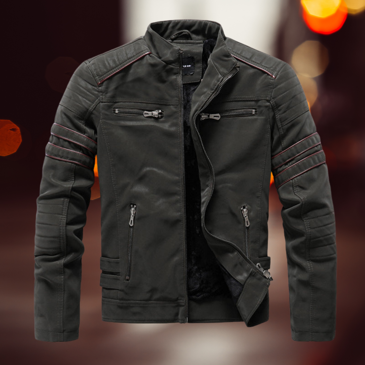 Men's Premium Leather Biker Jacket with Long Sleeves and Zipper Closure | Military green