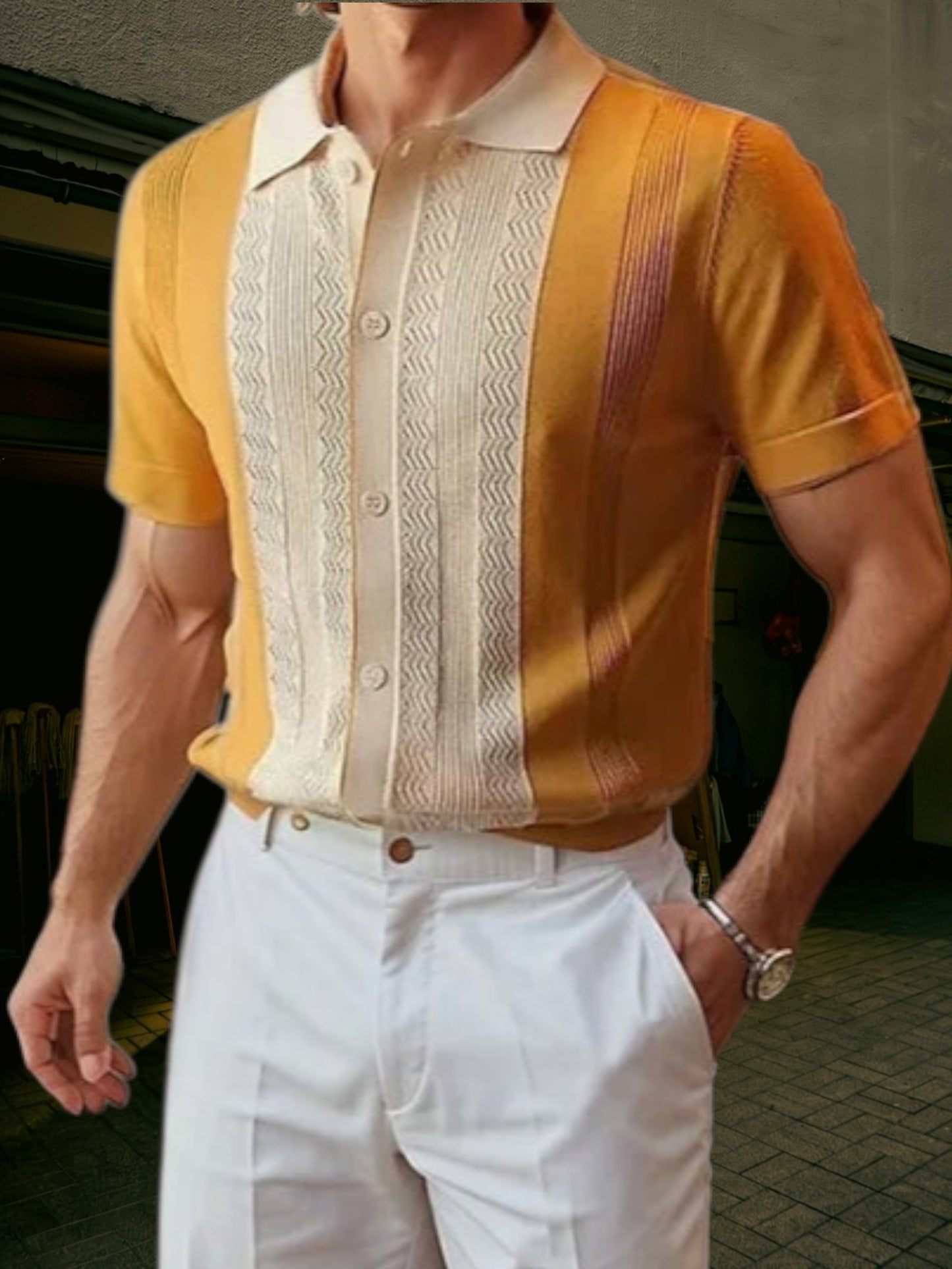 Men's Striped Short Sleeve Knit Shirt in Classic Fit | Yellow