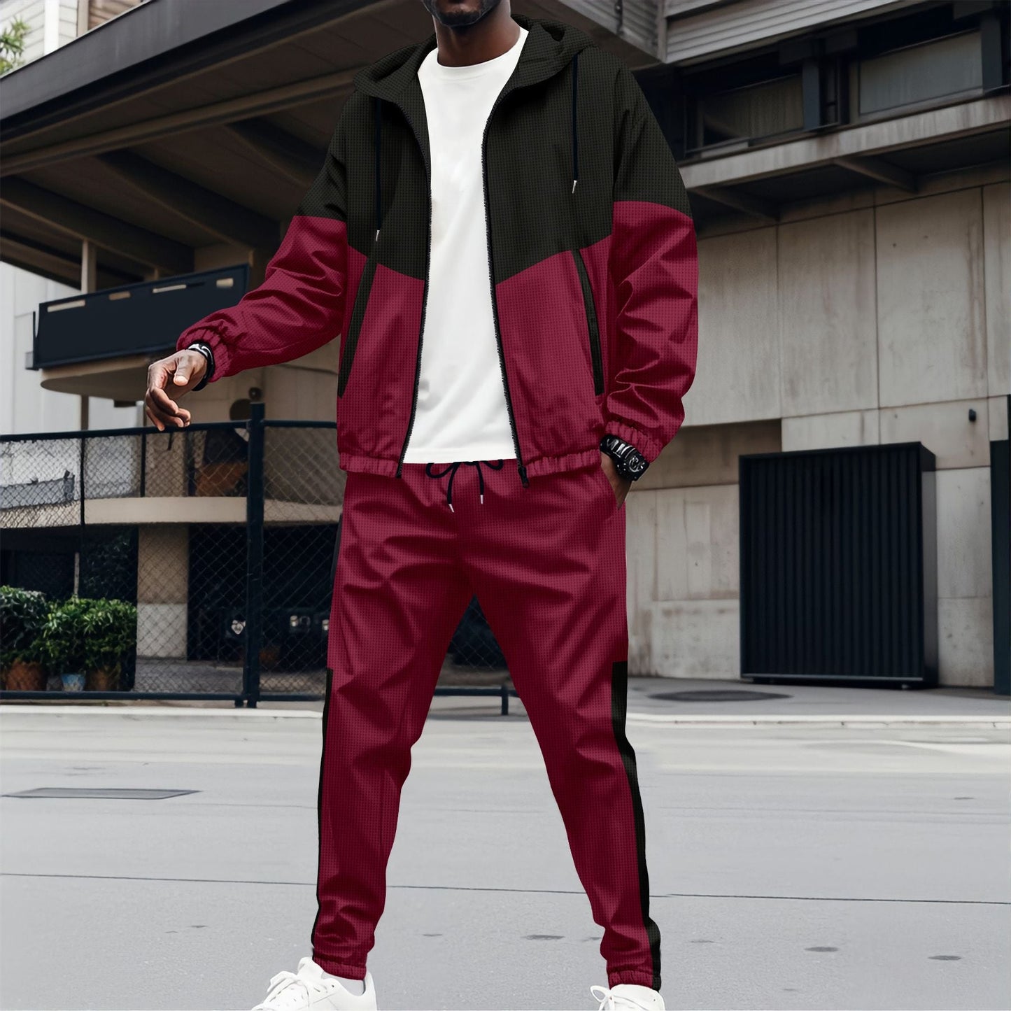 Men's Tracksuit, Hooded, Block Design | Active Fit | Burgundy