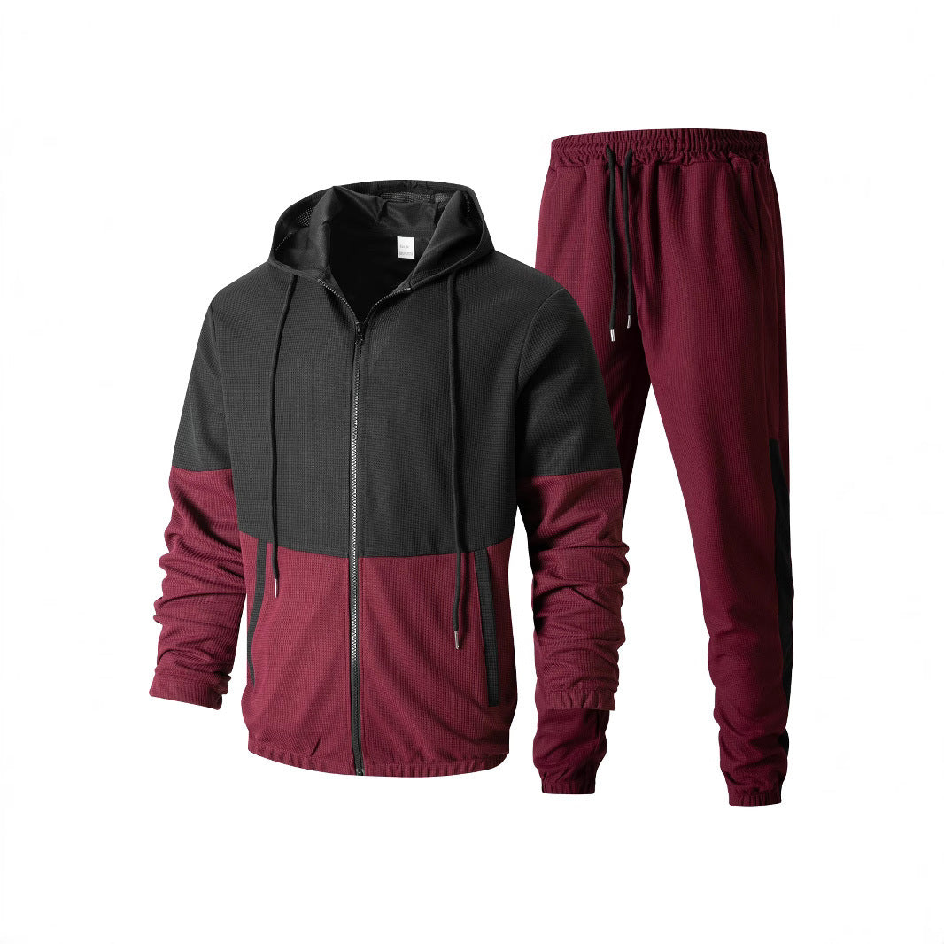 Men's Tracksuit, Hooded, Block Design | Active Fit | Burgundy1