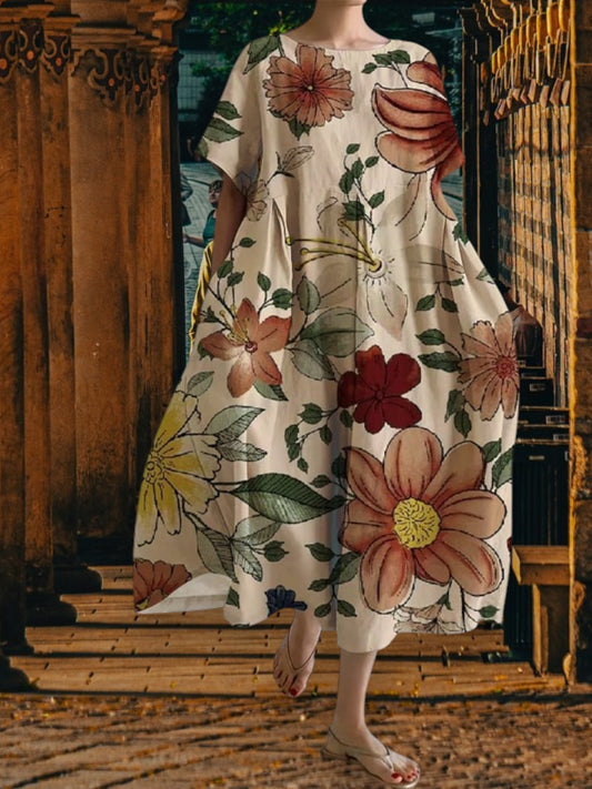 Mette | Casual Loose Dress with Retro Botanical Floral Print | Brown