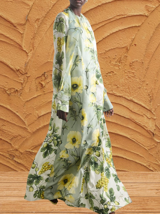Mia | Elegant Floral Maxi Dress with Long Sleeves and High Collar for Women | Green