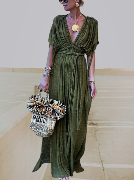 Mia | Lightweight Kimono Maxi Dress with Slit and Adjustable Tie Waist for Women | Green