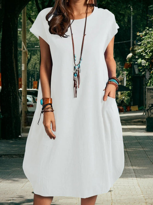 Mia | Relaxed Cotton-Linen Women's Summer Dress with Pockets and Short Sleeves | white