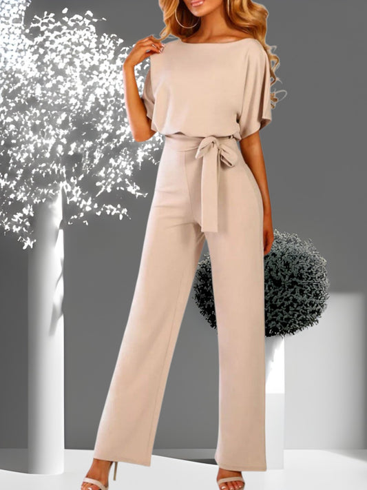 Mia | Women's Elegant Demi Jumpsuit in Polyester-Cotton Blend with Full Length and Zipper Closure | Beige