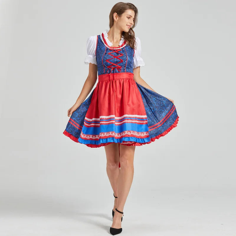 Midi Dirndl Dress | Festive Midi Length | Oktoberfest | Blue / Red