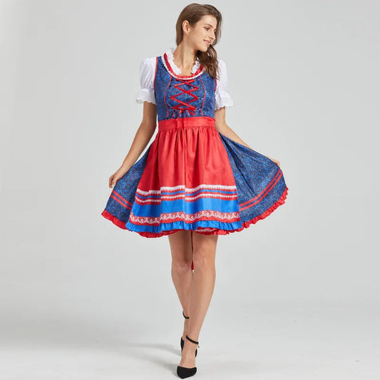 Midi Dirndl Dress | Festive Midi Length | Oktoberfest | Blue / Red
