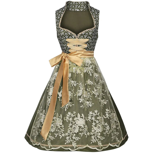 Midi Length Dirndl Dress | Patterned Bodice | Oktoberfest | Green