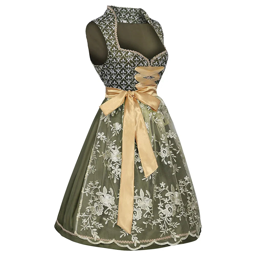 Midi Length Dirndl Dress | Patterned Bodice | Oktoberfest | Green1