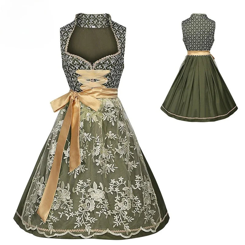 Midi Length Dirndl Dress | Patterned Bodice | Oktoberfest | Green2