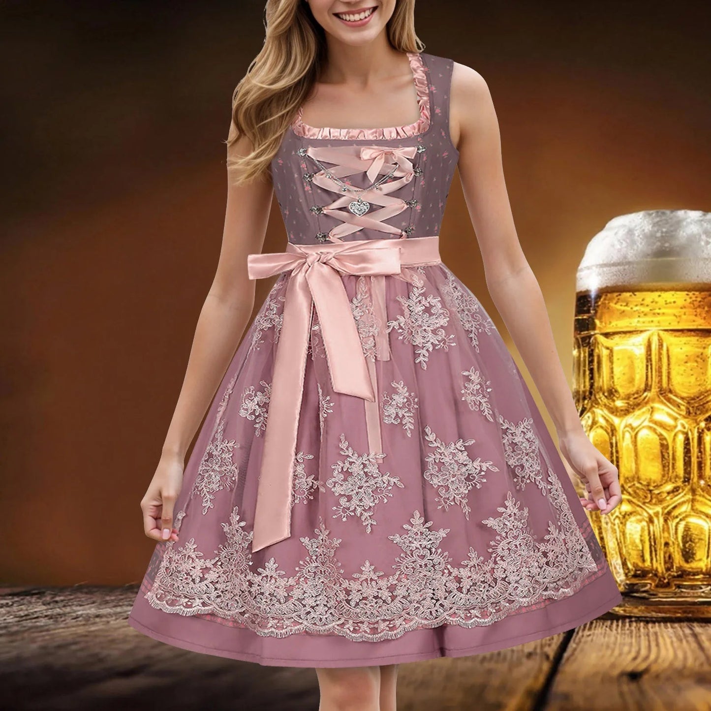 Midi Length Dirndl Dress | Sleeveless | Oktoberfest | Pink