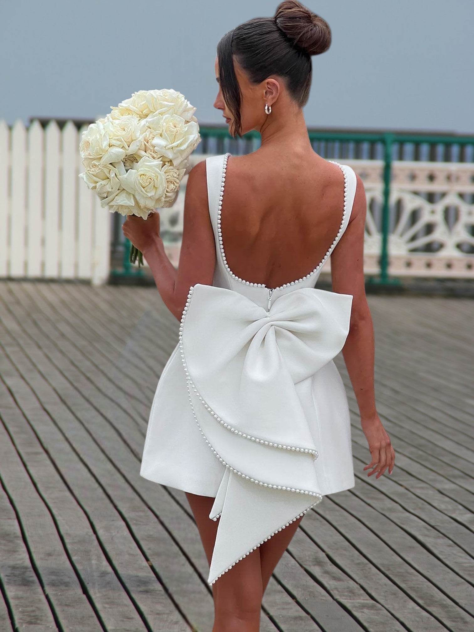 Mini Dress with Plunging Back and Oversized Bow | White 3