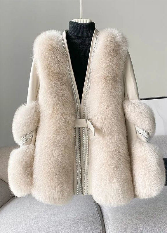 Mink Hair Winter Coat for Women, V Neck | Winter | Beige