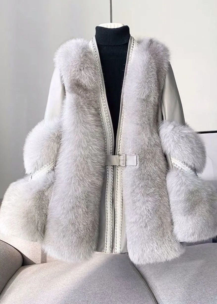Mink Hair Winter Coat for Women, V Neck | Winter | Light Gray