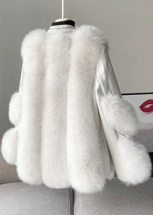 Mink Hair Winter Coat for Women, V Neck | Winter | White1