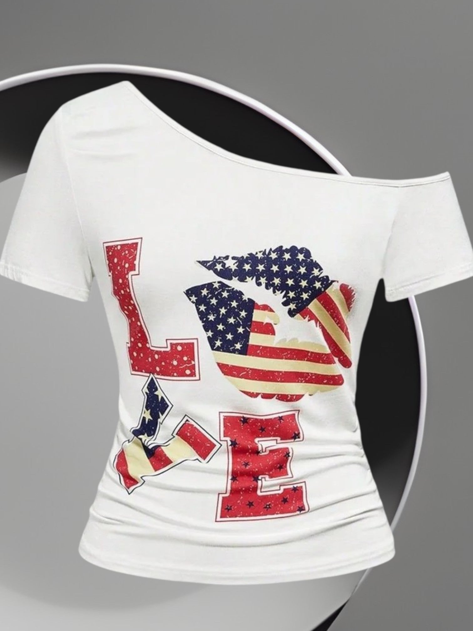Mirae | Women's Off-Shoulder Graphic T-Shirt with Love Print and Flag Motifs | white
