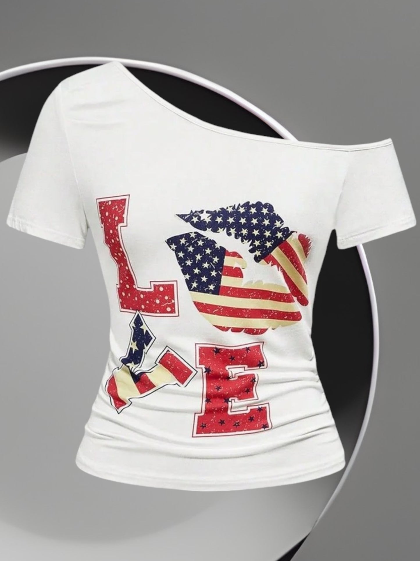Mirae | Women's Off-Shoulder Graphic T-Shirt with Love Print and Flag Motifs | white 4