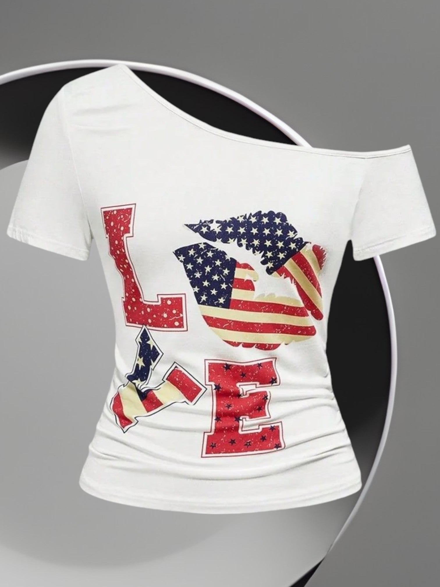 Mirae | Women's Off-Shoulder Graphic T-Shirt with Love Print and Flag Motifs | white 4