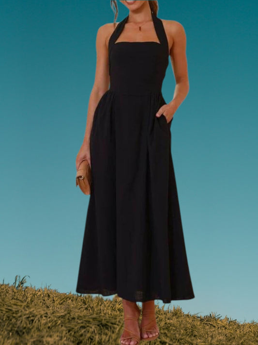 Miya | Elegant Halter Neck Midi Dress for Wedding Guests and Cocktail Parties | Black