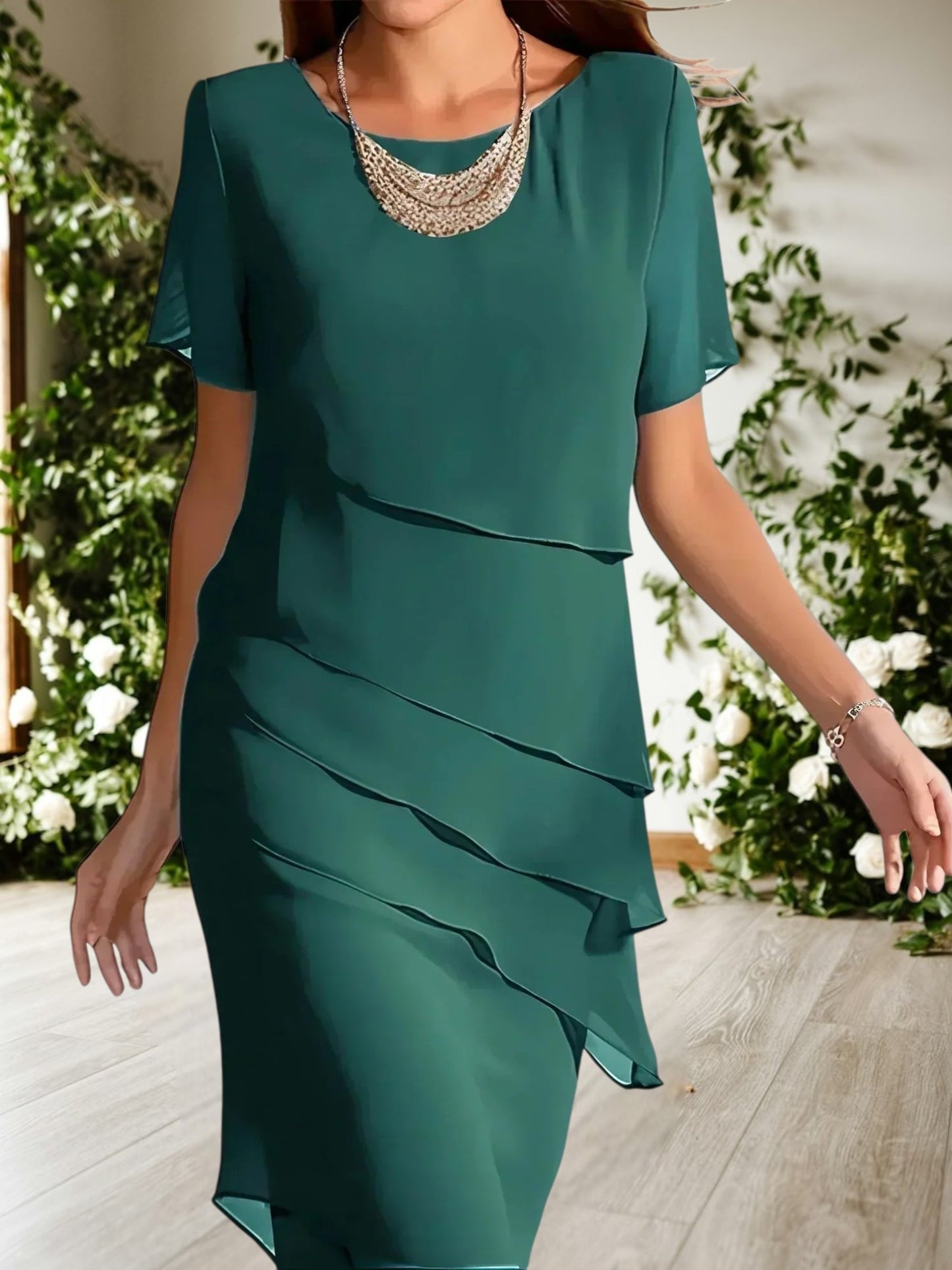 Nabila | Flowy Women's Dress for Summer and Weddings, Tummy-Covering, Short sleeve, Comfortable Fit | Green