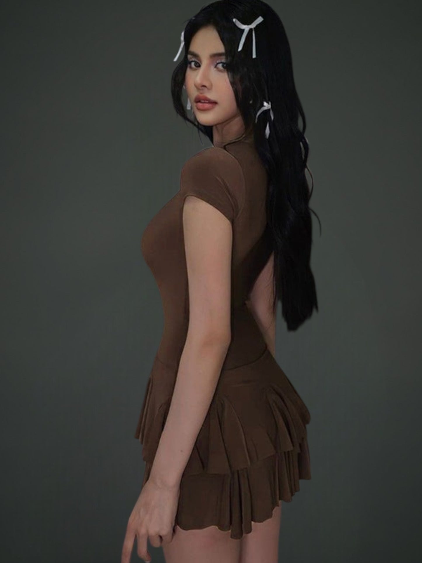 Naja | Women's Lightweight Mini Dress with Circular Neckline for Summer | Brown 3
