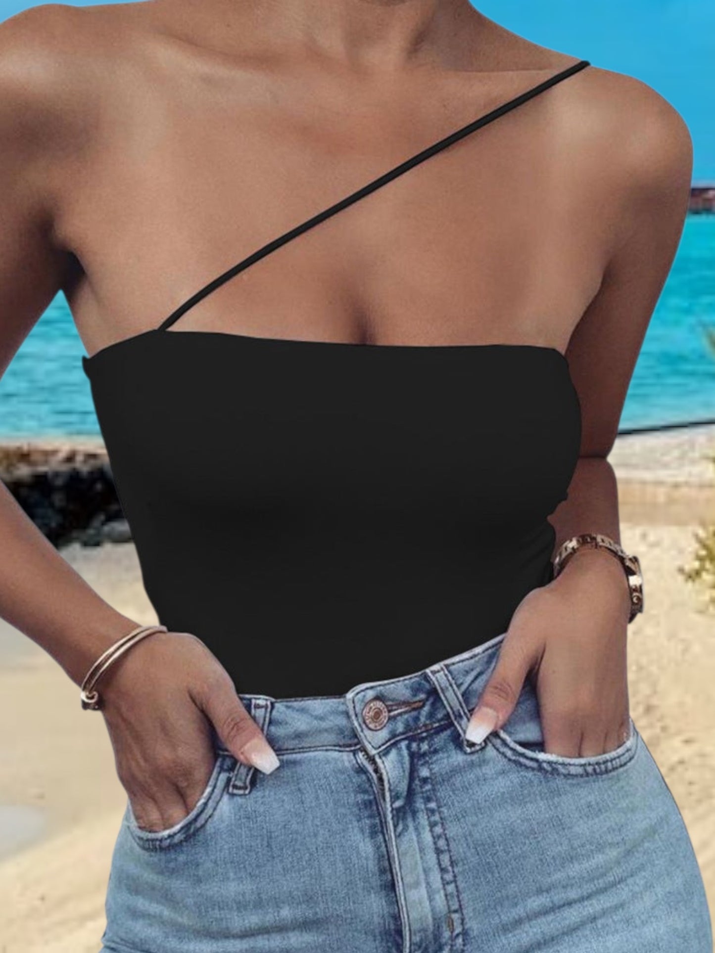 Najah | Women's Shapewear Bodysuit with Asymmetrical Straps and Shaping Fit | Black