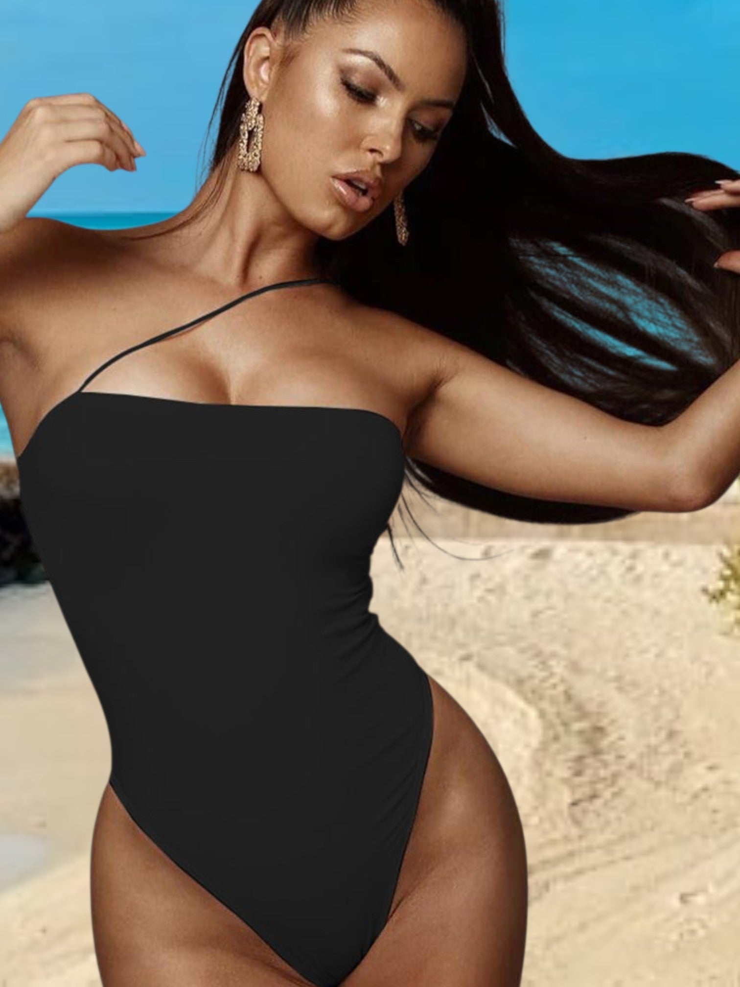 Najah | Women's Shapewear Bodysuit with Asymmetrical Straps and Shaping Fit | Black 2