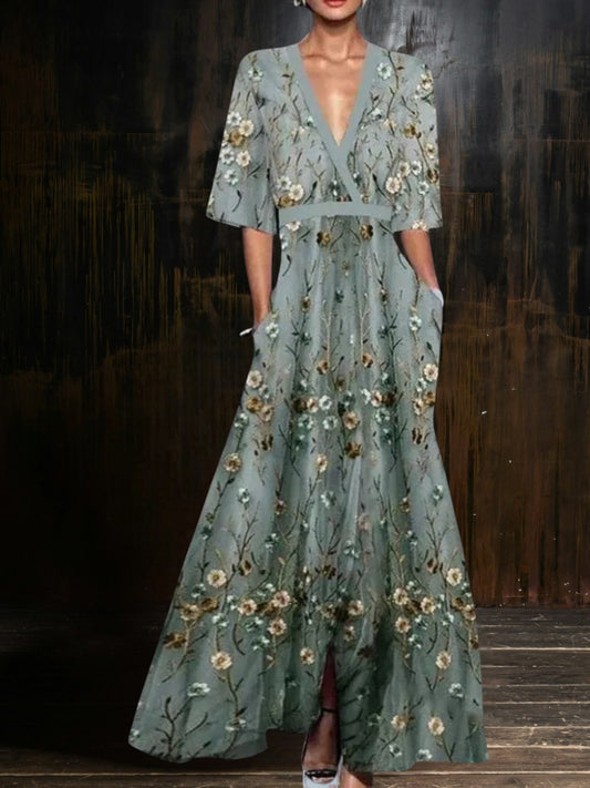 Océane | Elegant Long Floral Maxi Dress for Women with Flowy Silhouette and Zipper Closure | Floral Gray